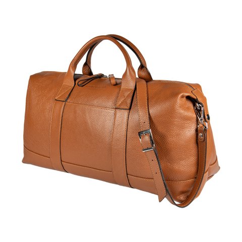 RB1029S | In Italien hergestellte Reisetasche aus echtem Leder mit verstellbarem und abnehmbarem Schultergurt. Reißverschluss und Accessoires aus glänzendem Nickelmetall – Farbe Cognac – Maße: 57 x 26 x 24 cm