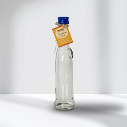 Clear glass bottle, blue cap, golden label, sea buckthorn spirit liquor, rectangular shape