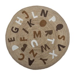 A round jute rug with a pattern of brown and beige letters and shapes.
