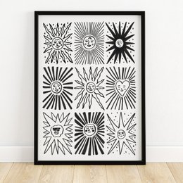 Black and white art print featuring various sun-inspired designs and patterns.