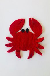  Red crab-shaped coaster made of felt material with a simple, minimalist design.