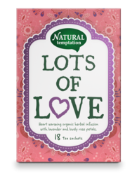 Herbal tea with a heart-shaped label and the text "Lots of Love" printed on it. The tea appears to be packaged in a bright orange and pink box.