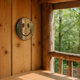 A round, wooden wall mirror with a simple smiley face design. The mirror is displayed on a shelf along with other decorative items.