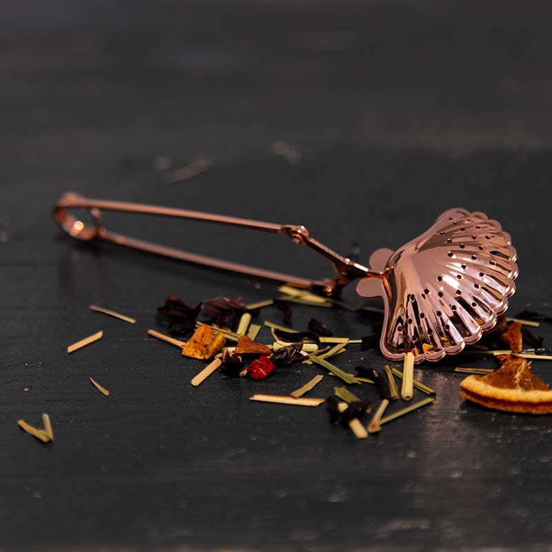 Tea tongs, tea filter, tea infuser "Shell" rose gold