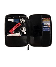 Black leather travel pouch with multiple compartments for organization.