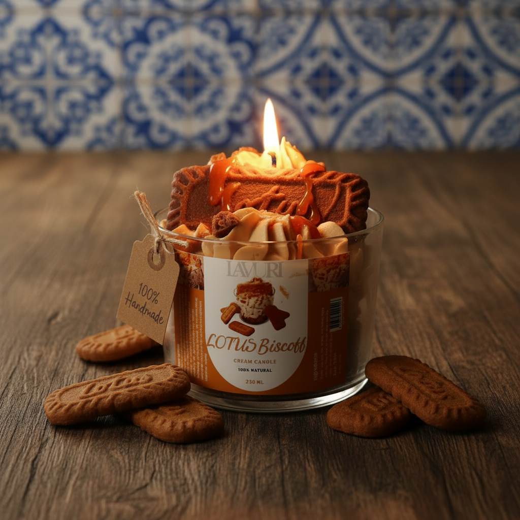 Vela de postre gourmet LAVURI LOTUS BISCOFF, espuma de cera de soja y decoración detallada, bio vegana de Europa, hecha a mano en Portugal