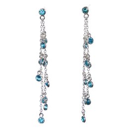 These elegant drop earrings feature a cascading design with a mix of blue and yellow crystals. The silver-tone metal setting adds a touch of sophistication. These earrings would be a stylish accessory for any occasion.