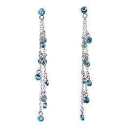 These elegant drop earrings feature a cascading design with a mix of blue and yellow crystals. The silver-tone metal setting adds a touch of sophistication. These earrings would be a stylish accessory for any occasion.