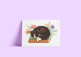  Adorable cat in pumpkin A5 print. Vibrant orange pumpkin, cute cat curled up inside, autumn leaves and flowers. Ideal for home decor, wall art, or gifts.