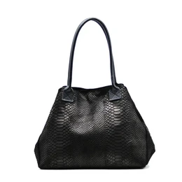 Black leather tote bag with snake skin pattern, featuring a structured shape and dual handles for comfortable carrying.