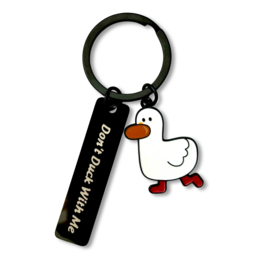 Metal keychain with a duck-shaped charm and the text "Don't duck with me" printed on a rectangular tag.