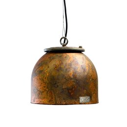 Copper hanging lamp with weathered finish, round bell-shaped design, pendant lighting for home or office.