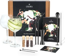 Cocora Gin Tonic gavesæt - 12-delt cocktailsæt i rustfrit stål - Tritan® Krystalglas - Cocktailbog - Bæredygtigt