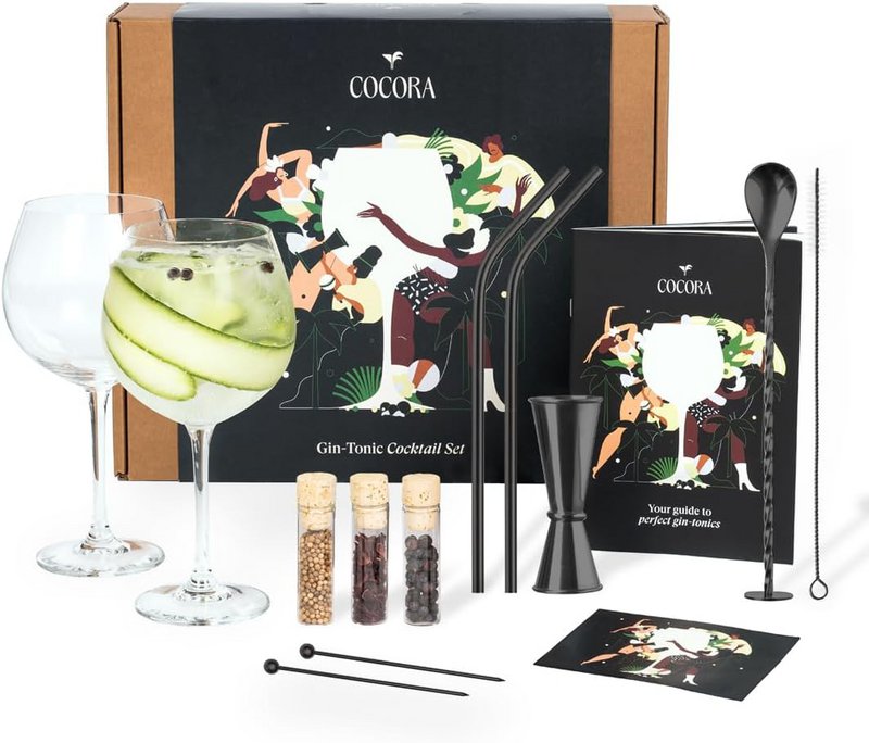 Cocora Gin Tonic gavesæt - 12-delt cocktailsæt i rustfrit stål - Tritan® Krystalglas - Cocktailbog - Bæredygtigt