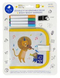 Colorful lion-themed arts and crafts kit with doodle book, crayons, and stickers. Includes playful illustrations and interactive elements.