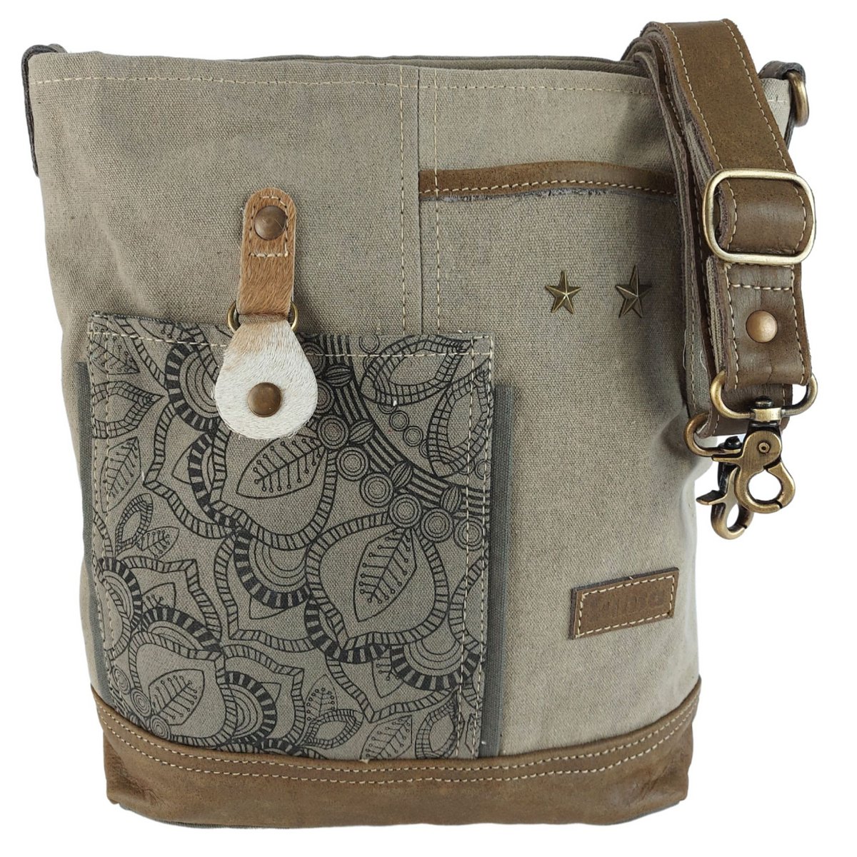 Sunsa dames schoudertas. Handtas gemaakt van canvas en leer. Schoudertas in vintagestijl. Grote kaki crossbodytas voor dames met mandala print