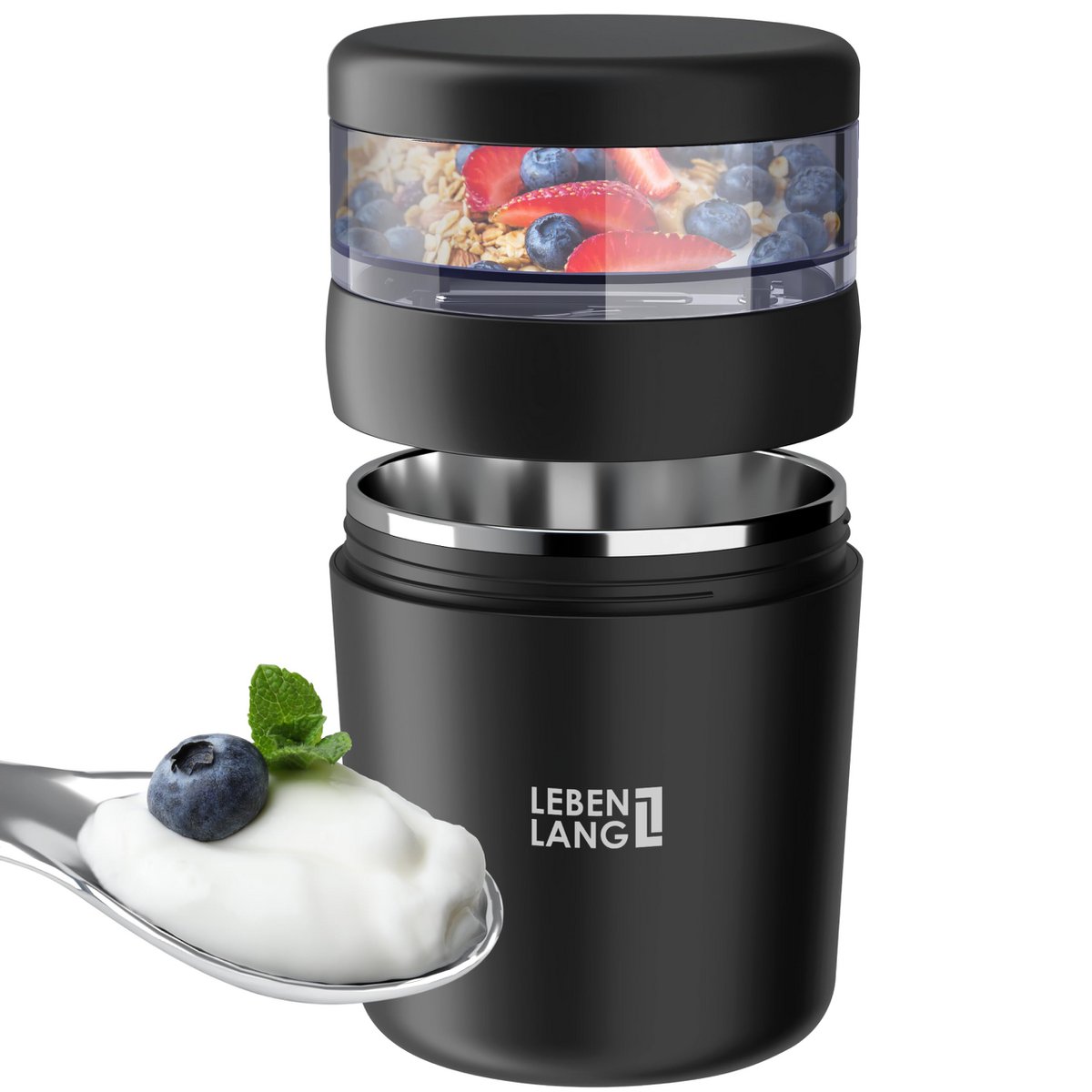 Taza de cereales para llevar de por vida con cuchara - pared interior aislante de acero inoxidable y 650 ml I taza de yogur para llevar taza de cereales taza de cereales para llevar taza para gachas yogur yogur niños y adultos en movimiento