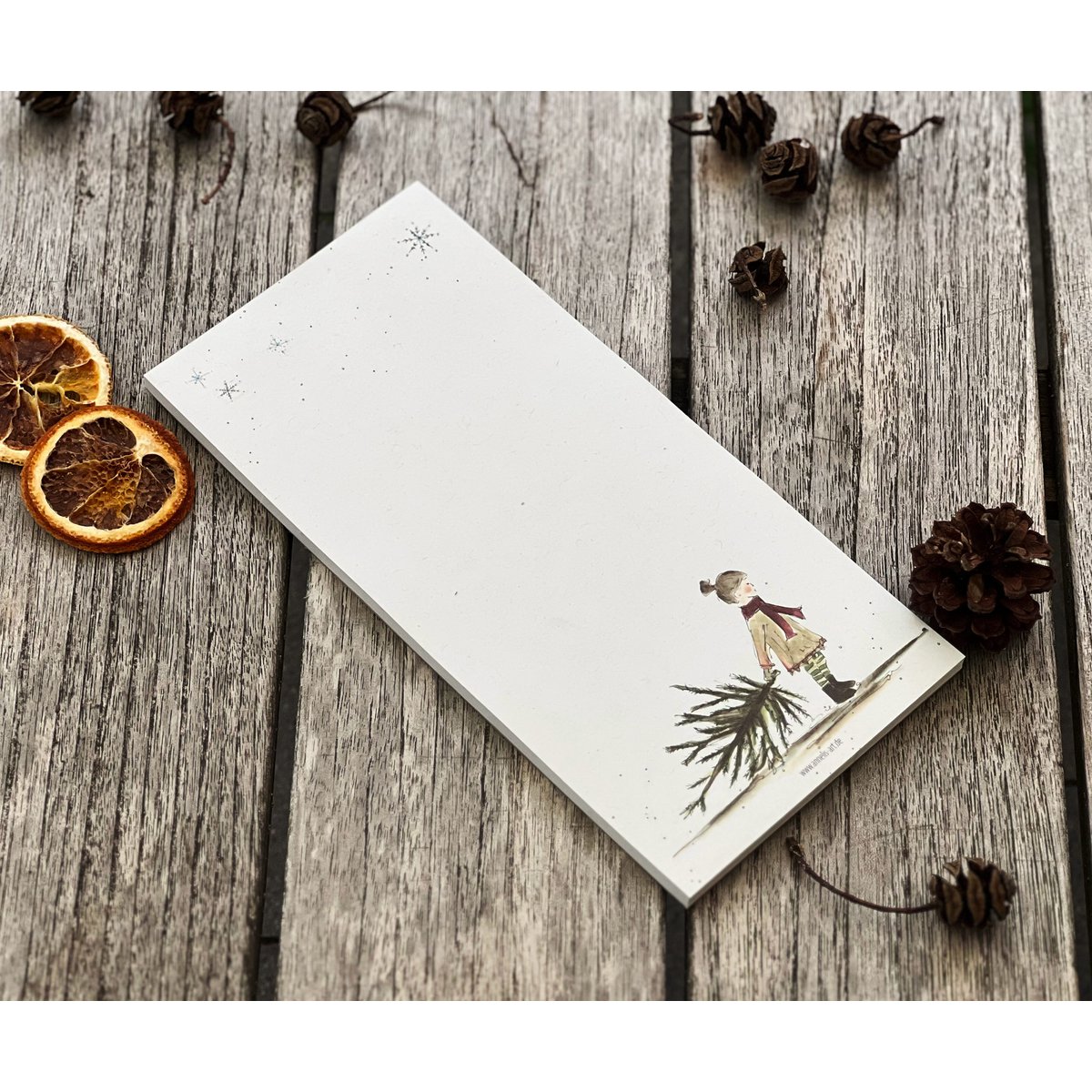 Christmas notepad | Sweet girl with fir tree | DIN format (long) | 99 x 210 mm | uninitated, white