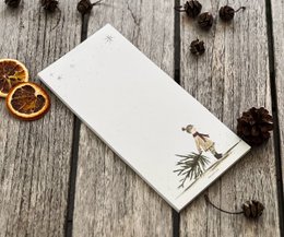 Christmas notepad | Sweet girl with fir tree | DIN format (long) | 99 x 210 mm | uninitated, white