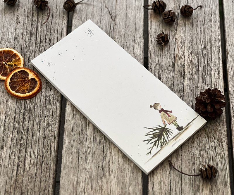 Christmas notepad | Sweet girl with fir tree | DIN format (long) | 99 x 210 mm | uninitated, white
