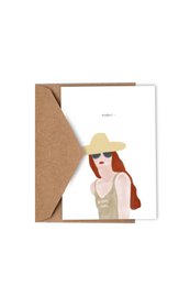A birthday card featuring an illustrated woman wearing a red hat and sunglasses, with a simple "HOORAY BDAYGIRL" text overlay.