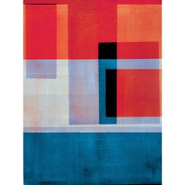 Colorful abstract geometric artwork with rectangular shapes and blocks of vibrant colors including red, blue, orange, and pink.