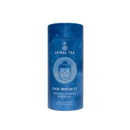 Siam Immunity tea, a herbal tea blend with ingredients that may support the immune system. The tea is packaged in a blue tin with the brand name and product description.