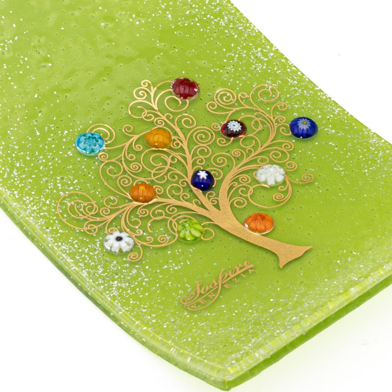Havered rechteckige Wanduhr, in Murano -Glas, Geschenkidee, Gefälligkeiten, goldener Dekorationsbaum des Lebens