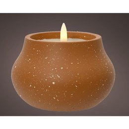 A round, terra-colored LED candle with a flame effect, measuring approximately 12 cm in diameter.