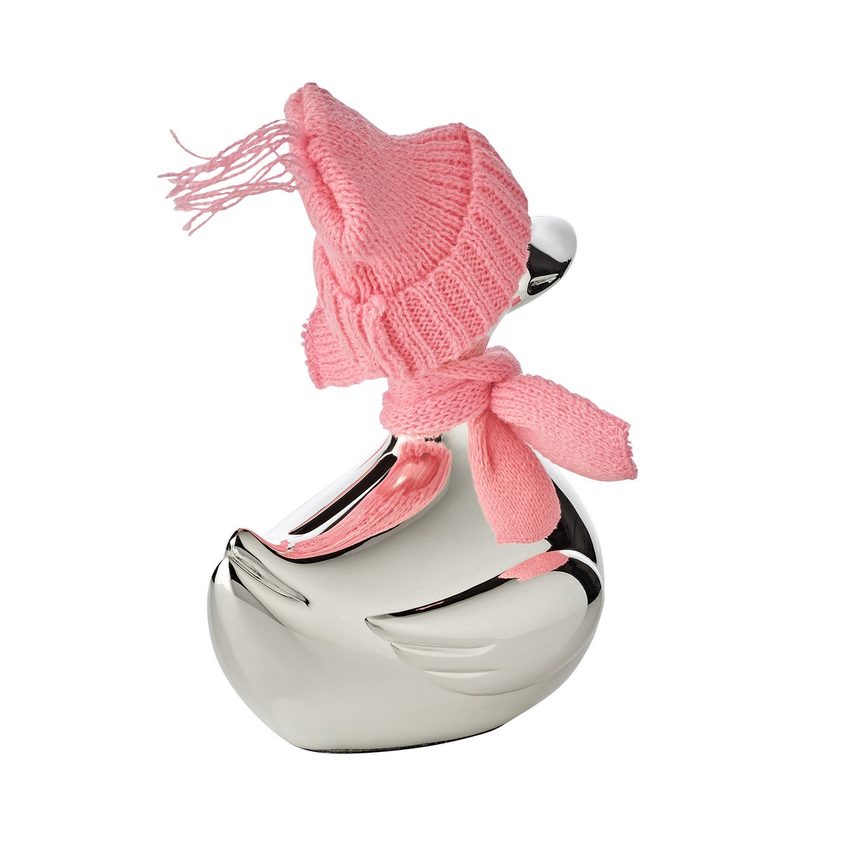 EDZARD money box duck, silver-plated, tarnish-resistant, height 13 cm, with scarf & hat in pink and light blue