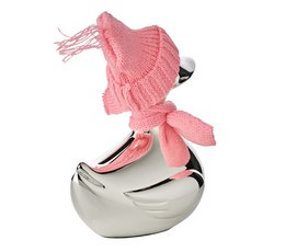 EDZARD money box duck, silver-plated, tarnish-resistant, height 13 cm, with scarf & hat in pink and light blue