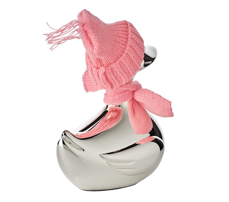 EDZARD money box duck, silver-plated, tarnish-resistant, height 13 cm, with scarf & hat in pink and light blue