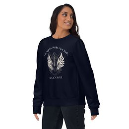 Unisex organic sweater in navy blue, black, canyon pink, and white colors. Features a graphic print of wings on the front. Available in sizes S-2XL.