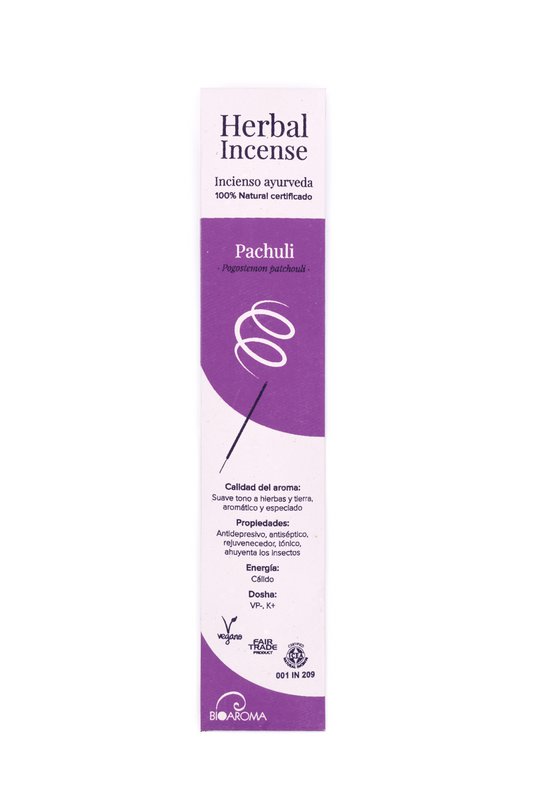 Incenso BioAroma Patchouli biologico certificato. Ayurveda. Commercio equo e solidale. Zero rifiuti. 12 canne.