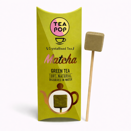 Matcha green tea on-a-stick, crystallized tea that dissolves in water, 20 sticks per tray, tea-flavored product.