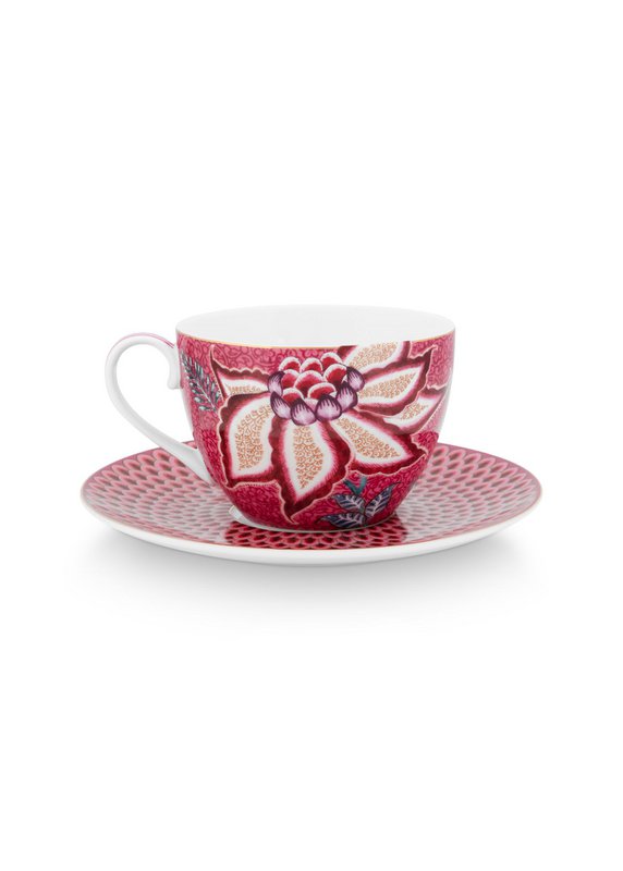 Set/2 Cups & Saucers Flower Festival Dark Pink 280ml