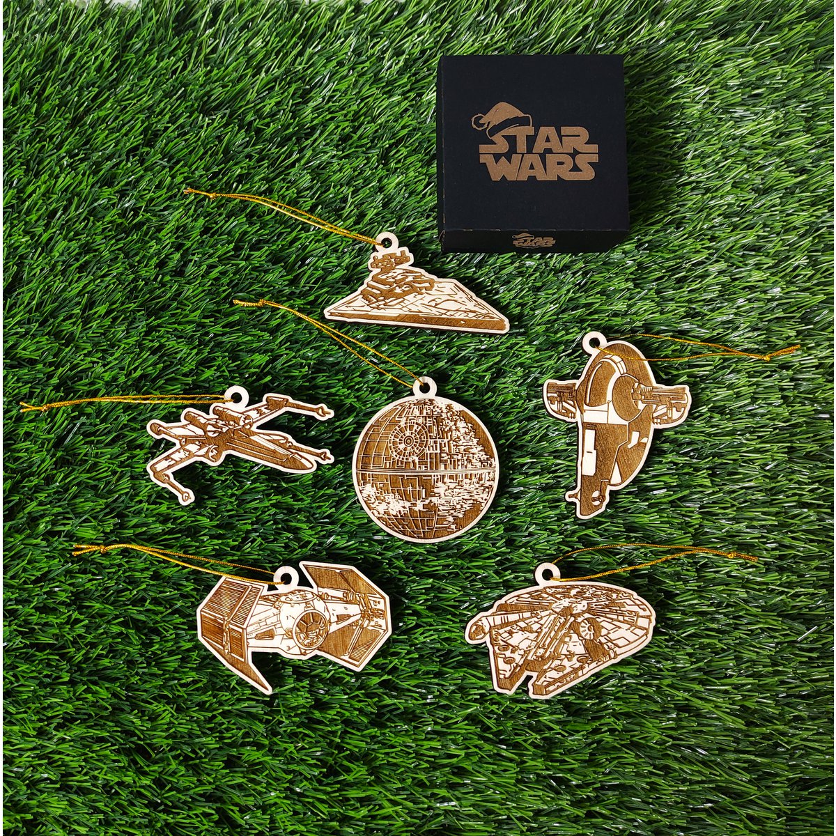 Zestaw 6 drewnianych ozdób choinkowych Star Wars, prezent dla nerdów i maniaków, ozdoby choinkowe, wystrój domu, ekologiczne dekoracje świąteczne, statki kosmiczne
