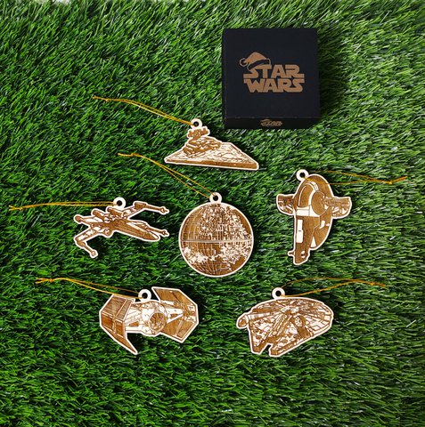 Set mit 6 hölzernen Star Wars-Weihnachtsornamenten, Nerd- und Geek-Geschenk, Weihnachtsbaumschmuck, Heimdekoration, umweltfreundliche Weihnachtsdekoration, Raumschiffe