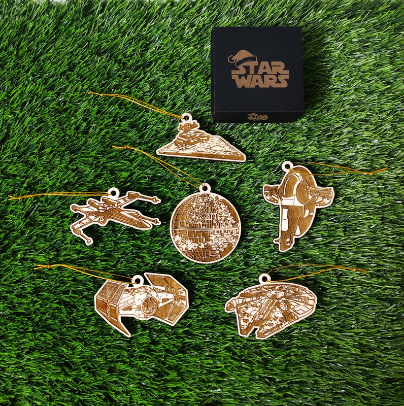 Zestaw 6 drewnianych ozdób choinkowych Star Wars, prezent dla nerdów i maniaków, ozdoby choinkowe, wystrój domu, ekologiczne dekoracje świąteczne, statki kosmiczne