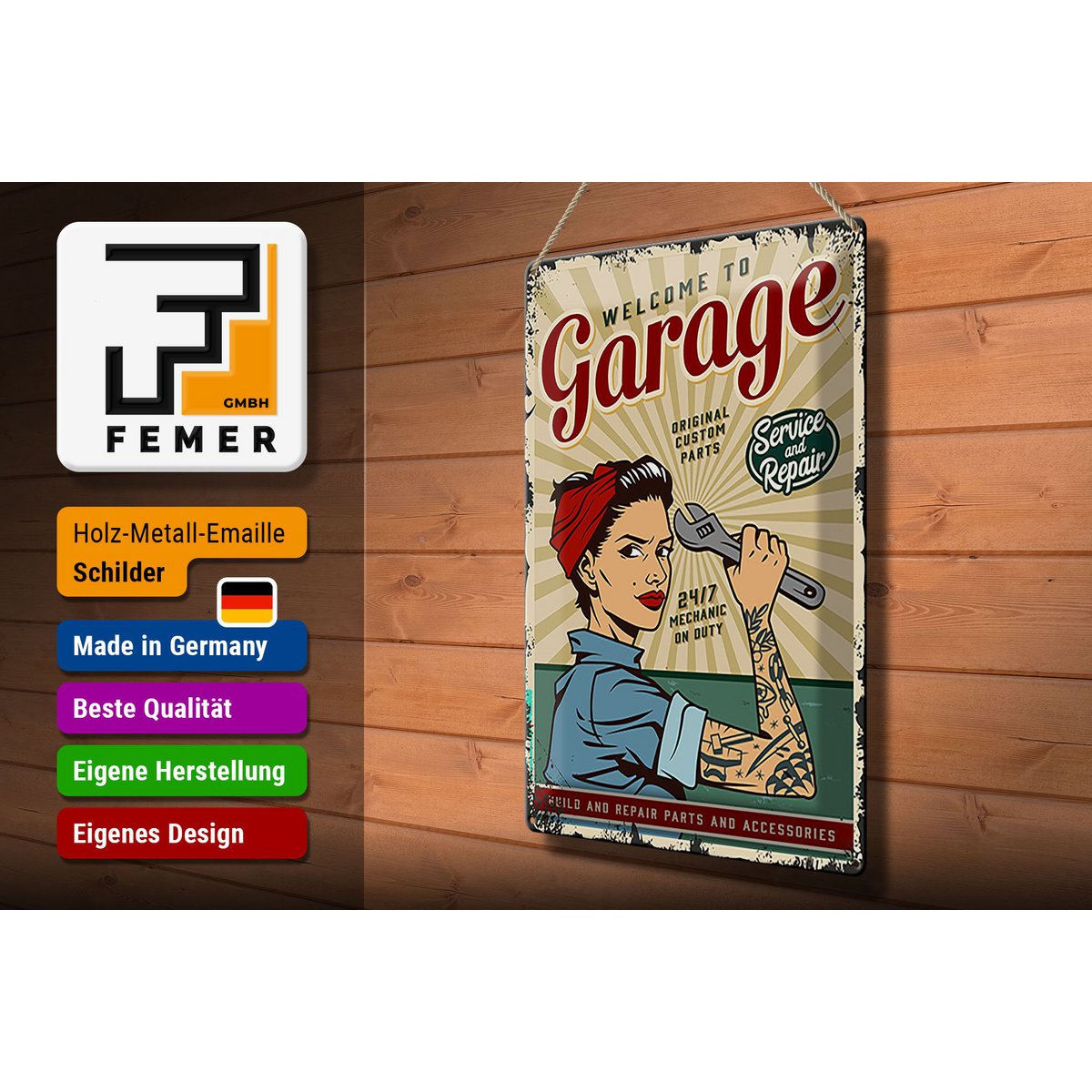 Blechschild Retro 30x40cm Pinup welcome Garage service 24/7