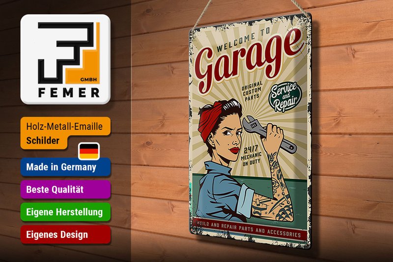 Blechschild Retro 30x40cm Pinup welcome Garage service 24/7