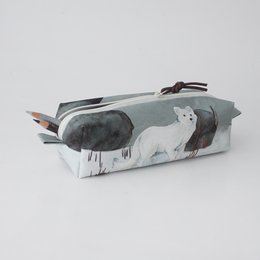 A square pouch or cosmetic bag featuring an illustration of an arctic fox named Noah on a gray and white background. The pouch has a zipper closure and is suitable for storing makeup, pencils, or other small items.