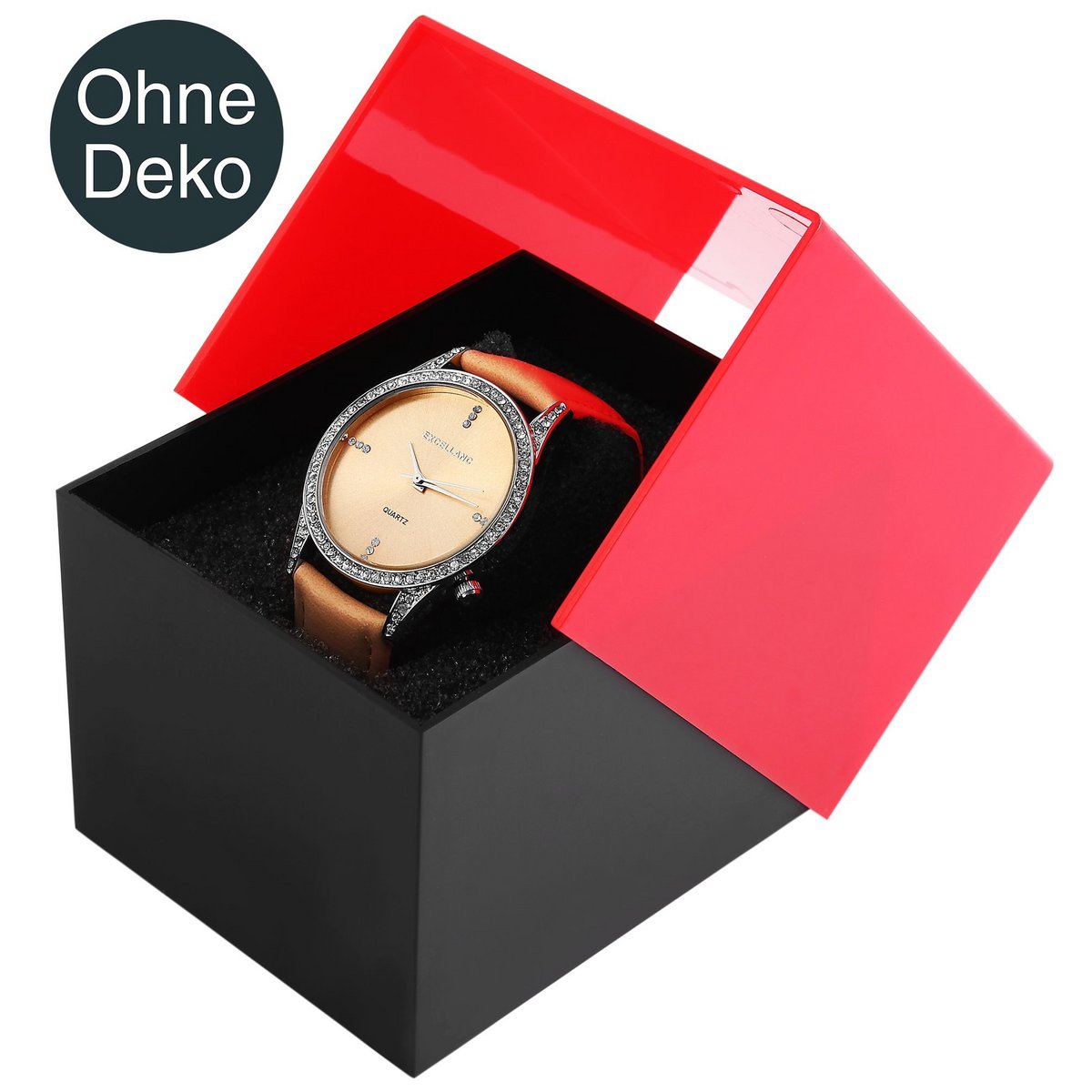 Plastic watch box, black/red, hinged lid, pack of 12, 9.9 cm x 8.1 cm x 6.8 cm