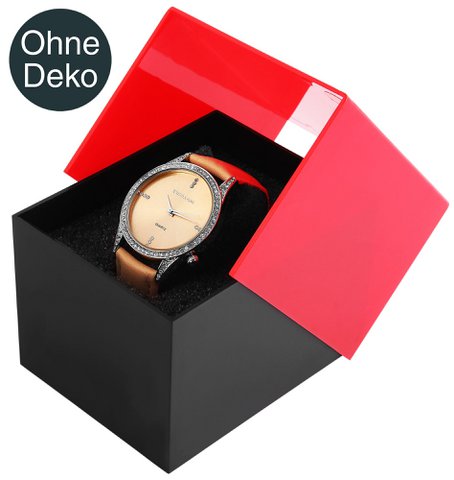Kunststoff-Uhrenbox, schwarz/rot, Klappdeckel, VE 12, 9,9 cm x 8,1 cm x 6,8 cm