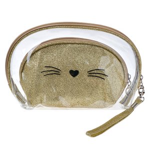 Toilettas Dames Set van 2 24x15 / 19x12 cm Goudkleurig Polyurethaan Kat