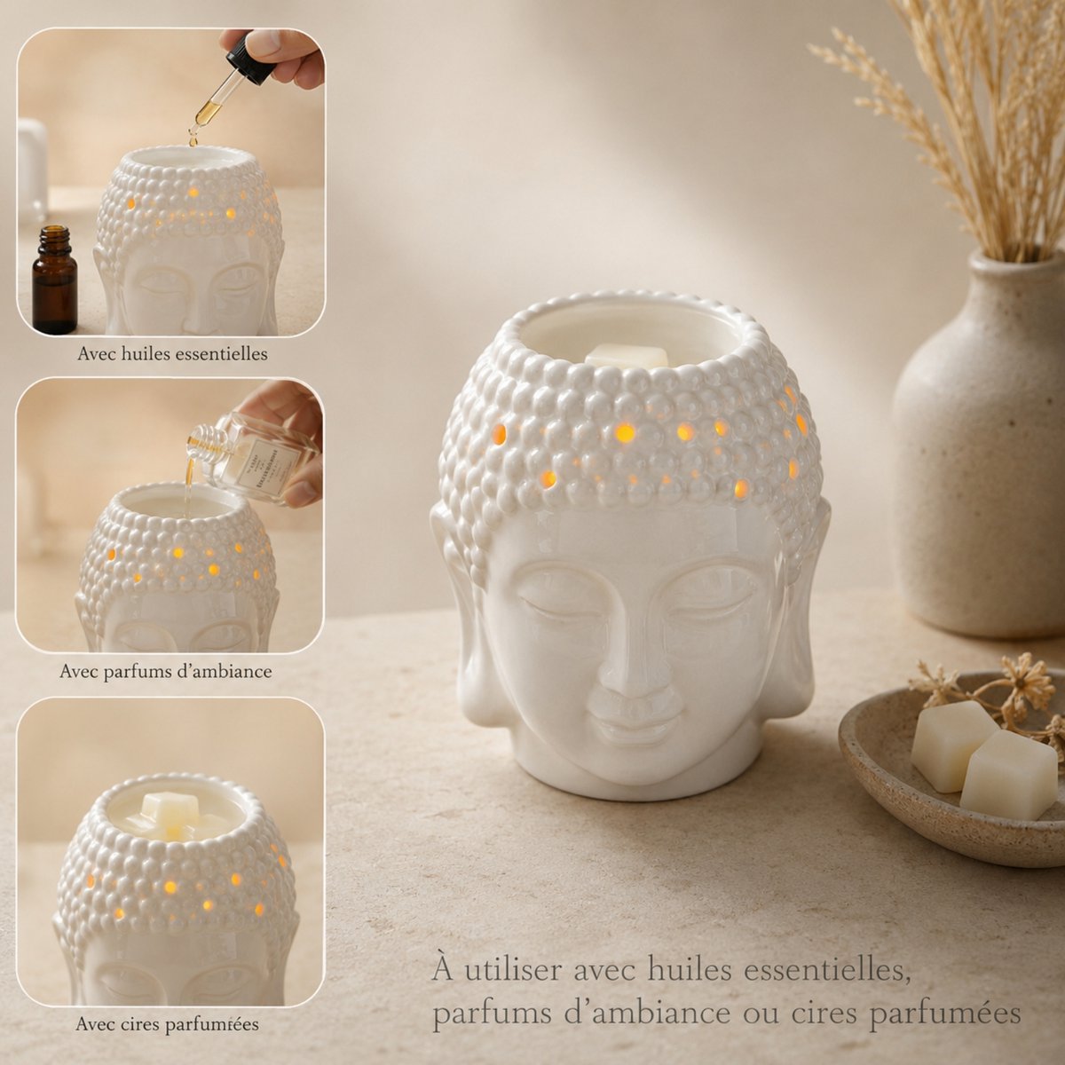 Bruciatore di profumo in ceramica Buddha Dhyana bianco - Atmosfera profumata - Oggetto di artigianato Zen - Aromaterapia facile - Bruciatore per fondente profumato - Decorazione FengShui - Testa di Buddha
