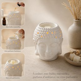Brûle-Parfum Céramy Bouddha Dhyana Blanc - Atmosphère Parfumée - Objet artisanal Zen -Aromathérapie facile - Brûleur Fondant parfumé - Déco FengShui - Tête Bouddha