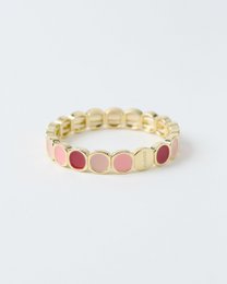 Gold beaded bracelet with pink and red gemstone accents, elastic stretch design, floral blossom style.
