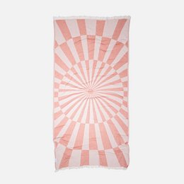 Burnt brick pink white striped optical illusion pattern hammam towel, geometric radial design.
