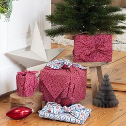 Envoltura de regalo Furoshiki - Paquete de 6 piezas de color verde azulado y cereza - Envoltura de regalo de tela